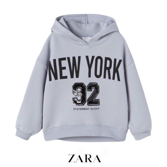 ZARA Kids | Mid Blue | NEW YORK SEQUINED PLUSH SWEATSHIRT - Picture 1 of 4